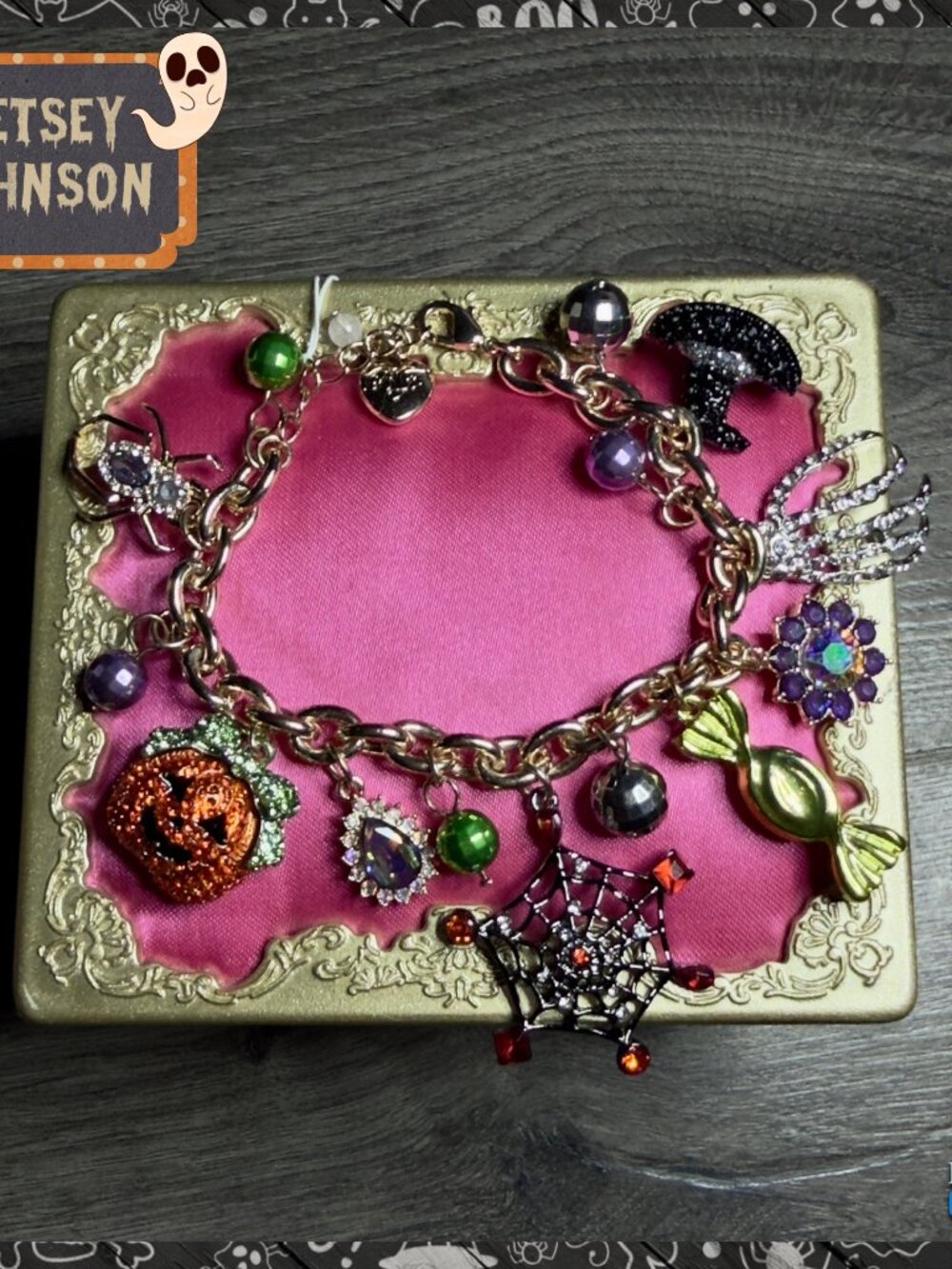 NWT Betsey Johnson Halloween Bracelet Rhinestone Flex Charm Spider Witches Hat